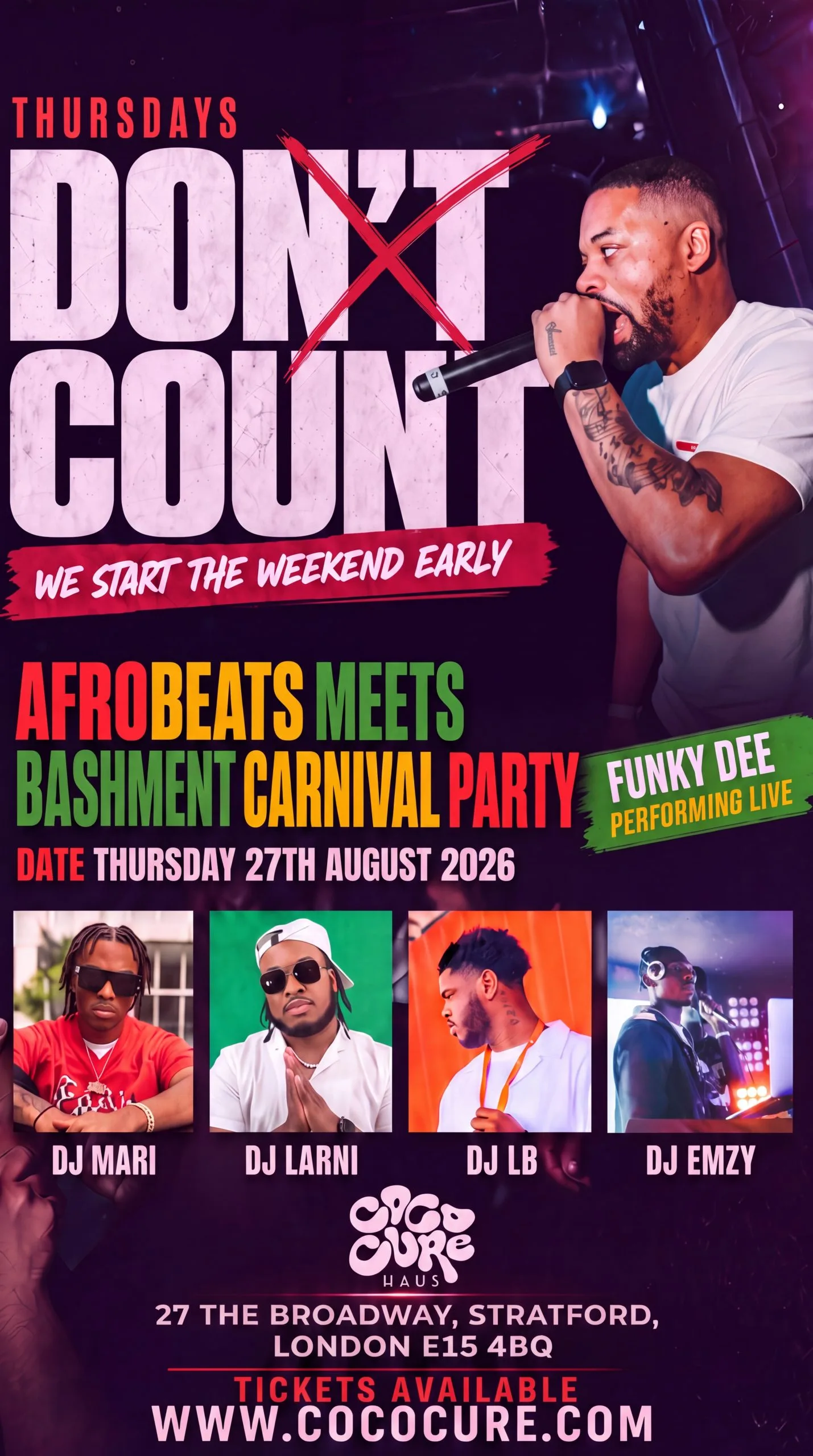 THURSDAYS DON’T COUNT CARNIVAL PARTY WITH FUNKY DEE, DJ LARNI, DJ EMZY, MARI & LB at Haus