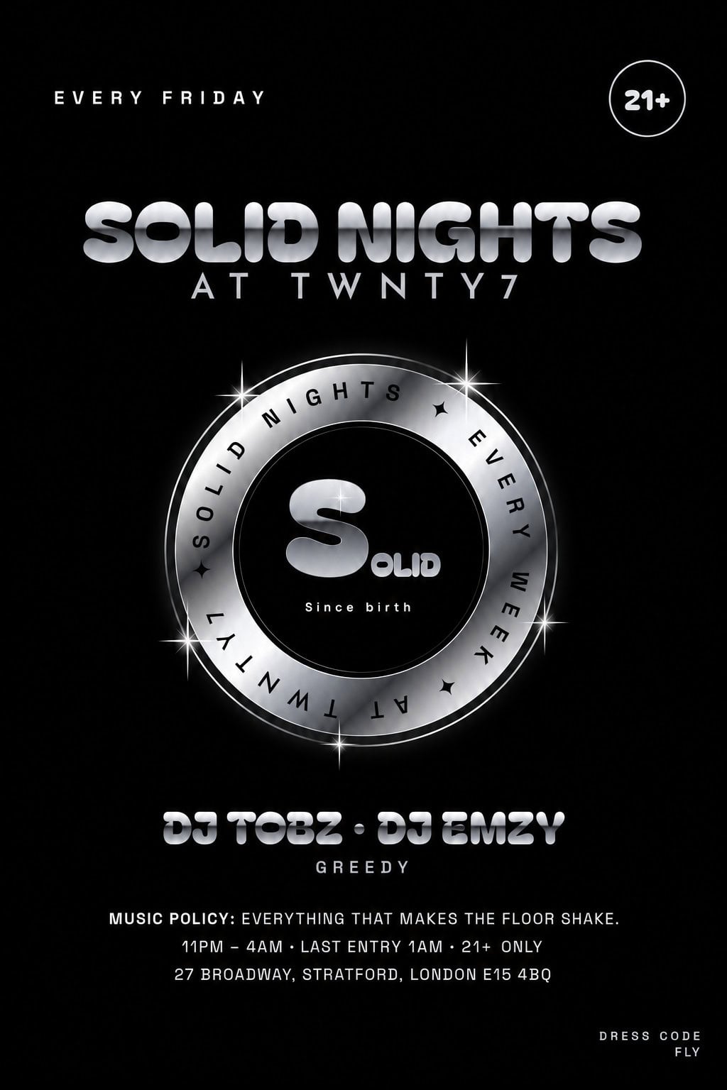 SOLID NIGHTS at TWNTY7 — every Friday, 11pm to 4am, last entry 1am, 21+, DJ Tobz and DJ Emzy